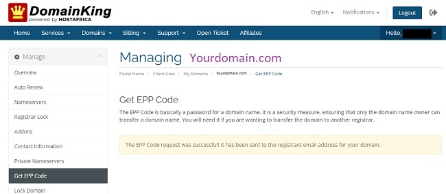 EPP code for your domain at domainking