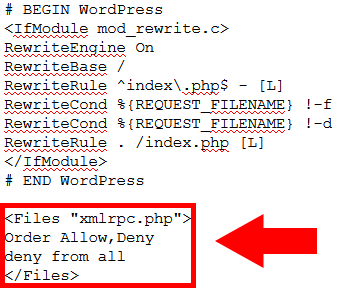 disable wordpress xmlrpc requests in htaccess file 