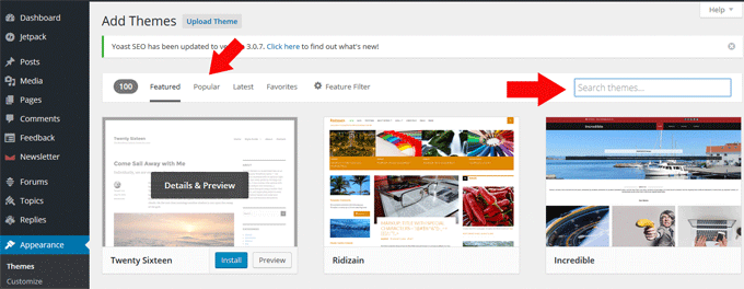 Use WordPress theme search & filters to find your desired theme